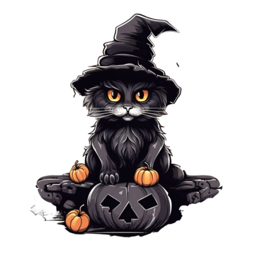 halloween cat with hat at cemetery design, Scary Theme, Halloween Moon, Cemetery PNG Image and Clipart