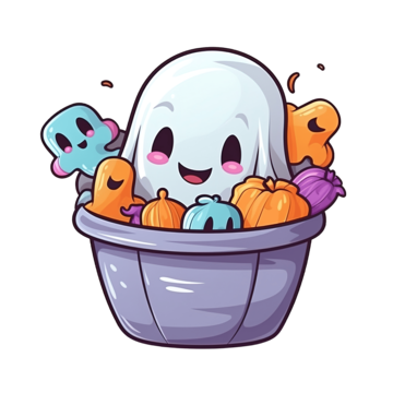 satisfied ghost with pail of sweets, Halloween, Cartoon, Flat PNG Image and Clipart