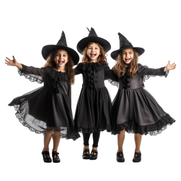 three girls sisters in witch costumes have fun celebrating halloween, Family Hands, Family Care, Family Portrait PNG Image and Clipart